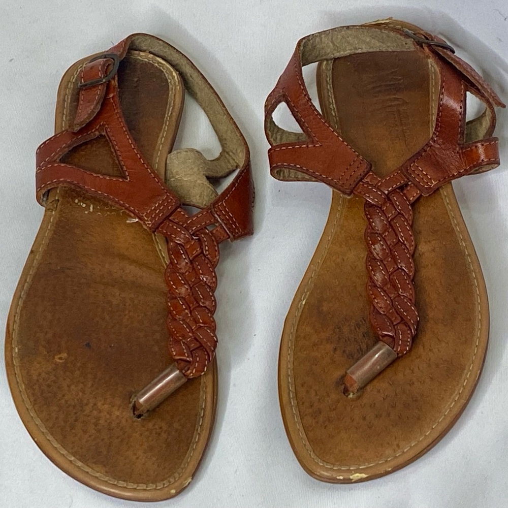 Brown Braided T-Strap Women's Sandals